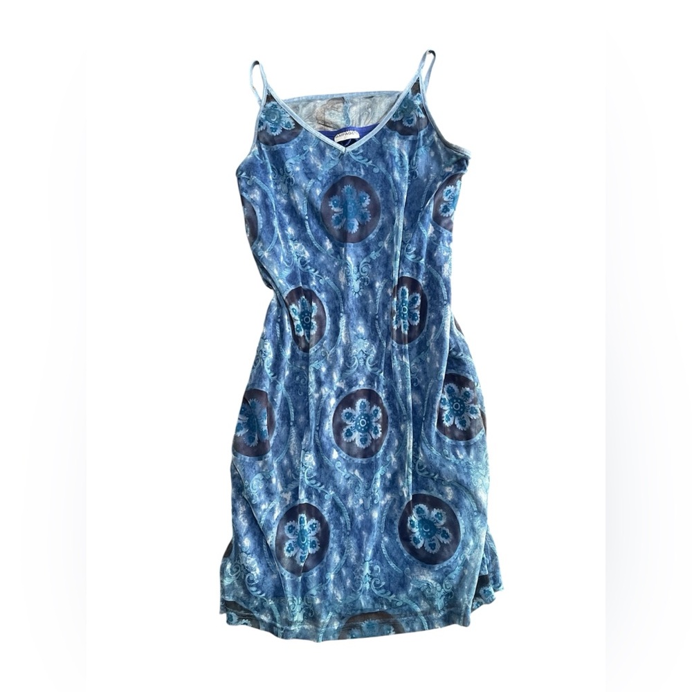 Rampage Y2K Blue Gauzy Mesh Patterned Spaghetti Strap Mini Dress